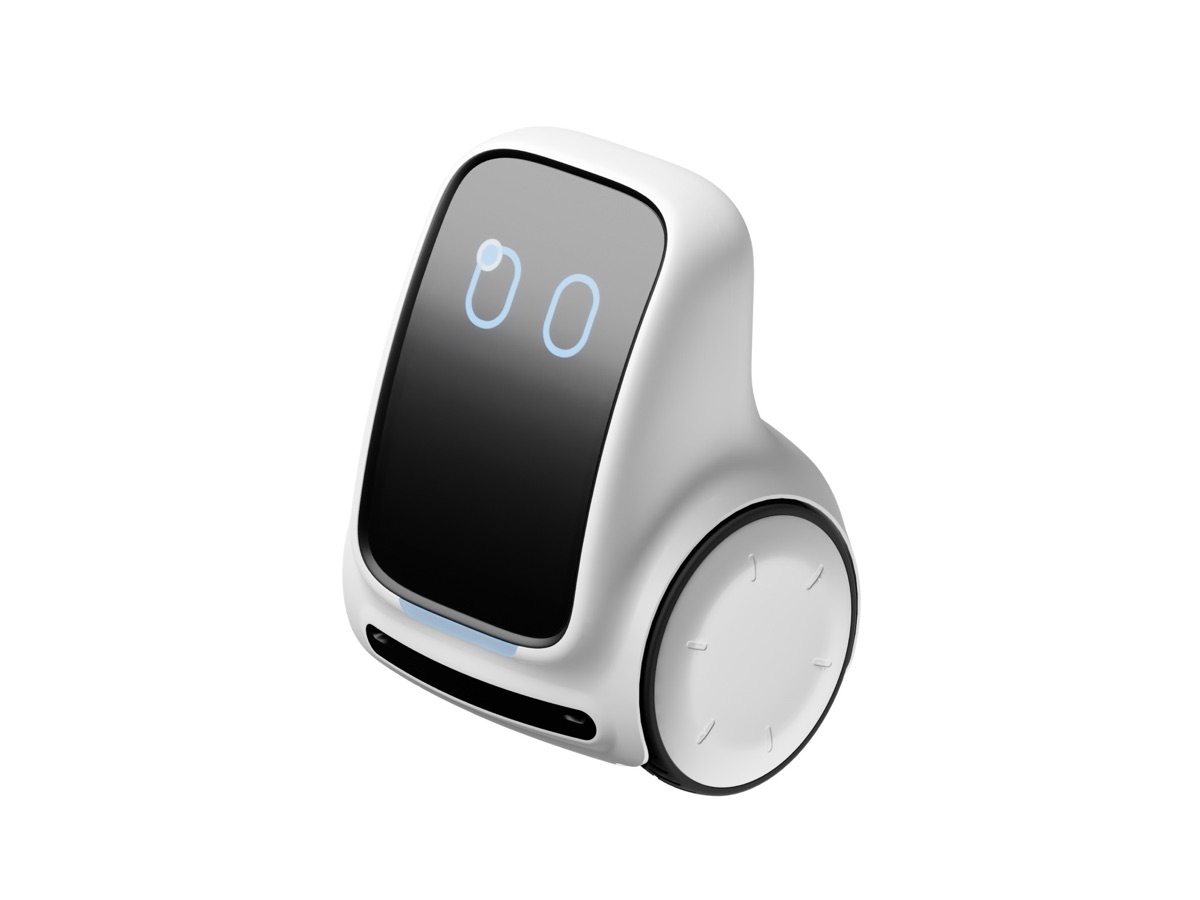 Studio render of Lemmy, a white two-wheeled care robot whose screen face shows two blue eyes
